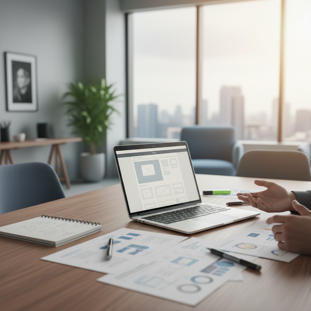 Team reviewing a website wireframe in a meeting